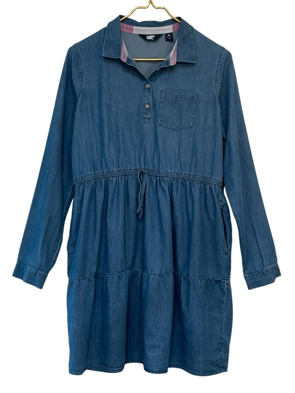 Lands’ End Girls Chambray Shirt Dress Tiered Collared Pockets XL 14-16 - Picture 3 of 10